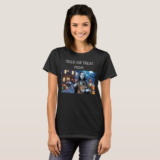 T-shirt Trick or Treat Mom AI Robot with Citrouille & Bask (Devant entier)