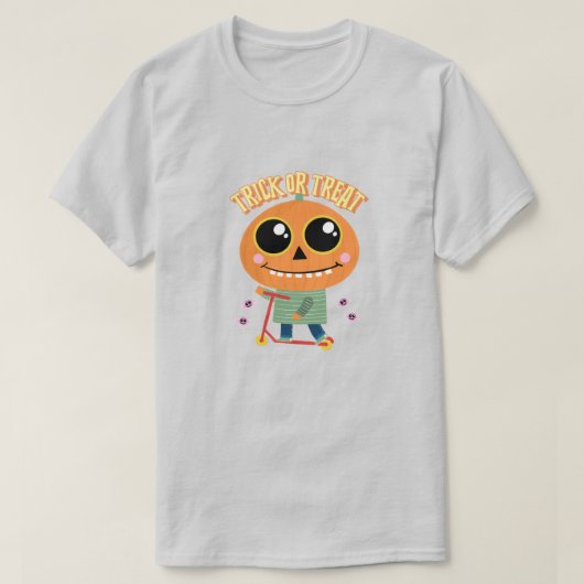 T-shirt Trick ou Treat Citrouille head kid sur scooter (Design devant)