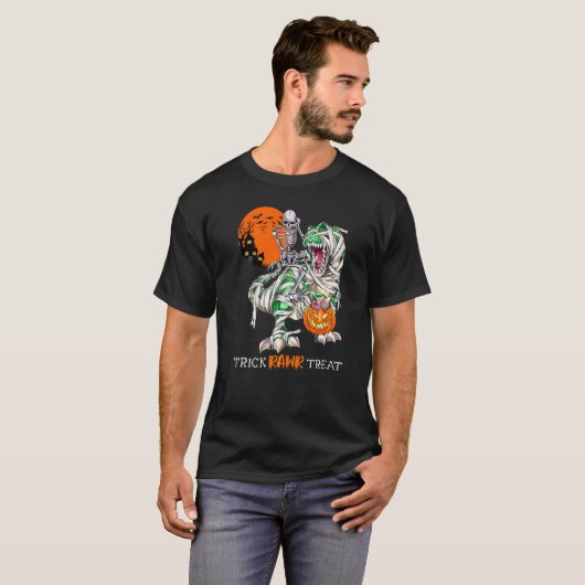 T-shirt Trick Rawr Treat Skeleton Riding Dinosaur Rex Hall (Devant entier)