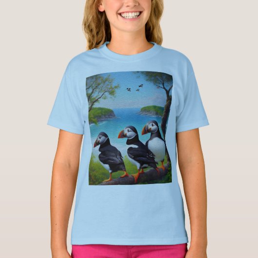 T-shirt Trio côtier : Trois Puffins à la plage d'Oils (Devant)