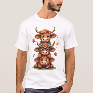 T-shirt Trio de vaches Highland autisme vintage regardant 