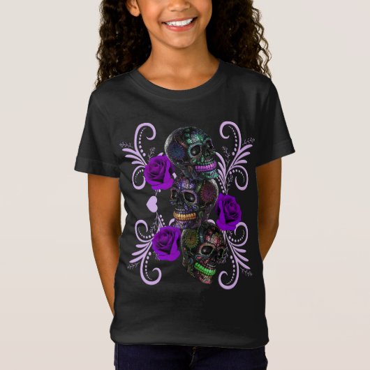 T-Shirt Triple Jour Noir Des Crânes Morts Roses Violets (Devant)
