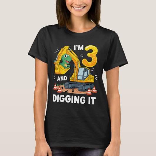 T-shirt Trois 3 ans 3e anniversaire construction dinosaure (Devant)
