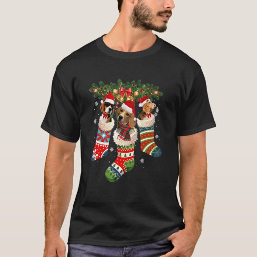 T-shirt Trois Beagles En Sock Noël Père Noël X Mas Chien (Devant)