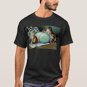 T-shirt Trois chats et grand oeuf de pâques bleu