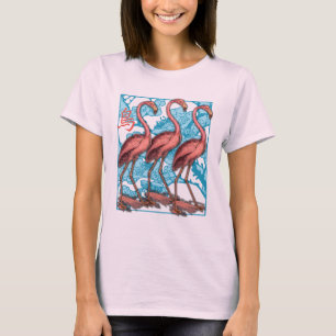 T-shirt Trois Flamants roses avec des fleurs