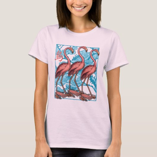 T-shirt Trois Flamants roses avec des fleurs (Devant)