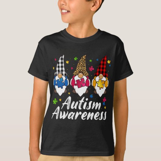 T-shirt Trois Gnomes Tenant Puzzle Leopard Plaid Autisme A (Devant)