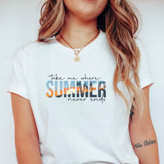 T-shirt Tropical Summer Never Ends; Beach Sunset