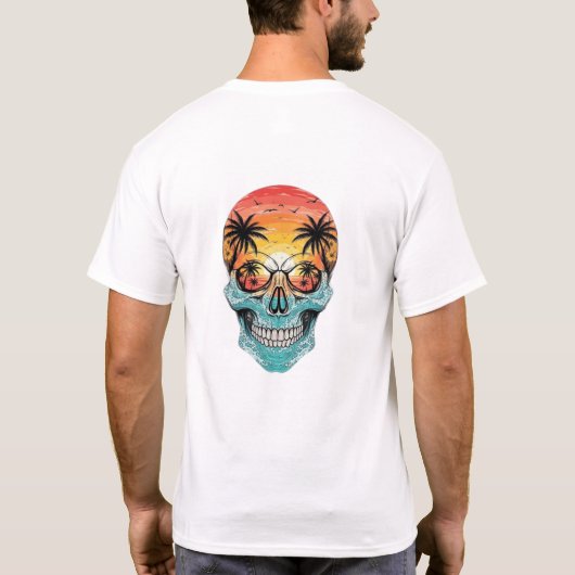 T-shirt Tropical Sunset Skull | Beach Palm Tree Ocean Wave (Dos)