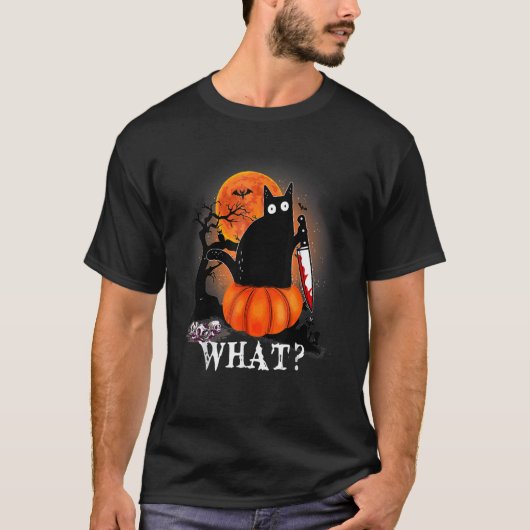 T-shirt Tueur Halloween Lune effrayante Chat noir avec cou (Devant)