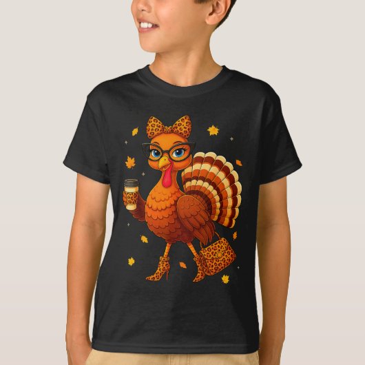 T-shirt Turkey Drinking Coffee Thanksgiving Leopard Women (Devant)