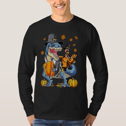 T-shirt Turkey Riding Dinosaur rex Thanksgiving  Pilgrim B (Devant)