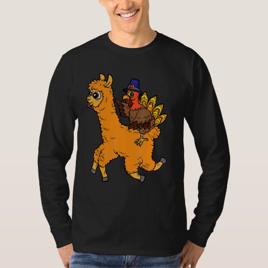 T-shirt Turkey Riding Llama Thanksgiving Day Animal Fall A (Devant)