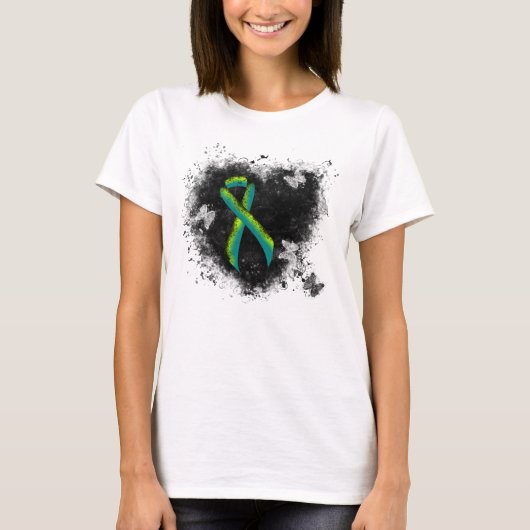 T-shirt Turquoise et Lime Green Grunge Heart (Devant)