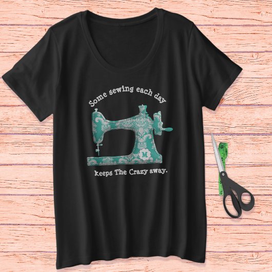 T-shirt turquoise Humour à coudre monogramme Damas