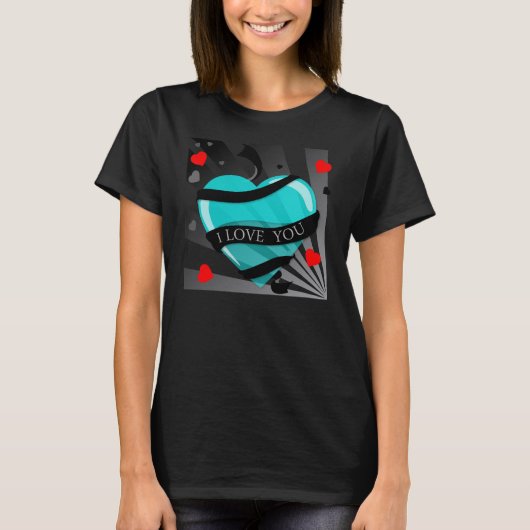T-shirt Turquoise Je T'Aime Coeur Black Long Tee (Devant)
