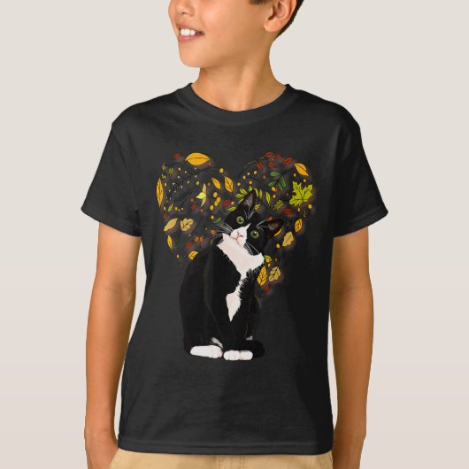 T-shirt Tuxedo Cat T Shirt Gift Autumn Fall Leaves Black A (Devant)