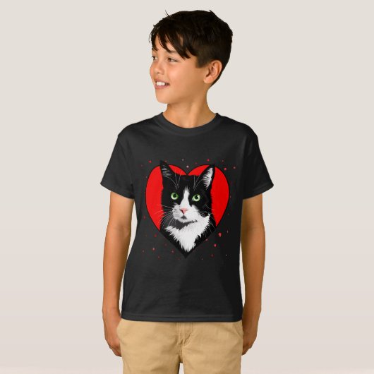 T-shirt Tuxedo Cat Valentine Heart For Kitten And Animal L (Devant entier)