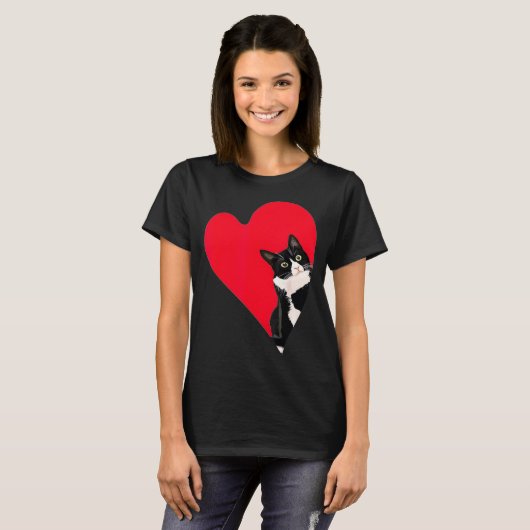 T-shirt Tuxedo Cat Valentine Heart For Kitten And Animal L (Devant entier)