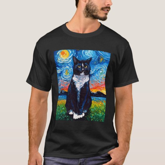 T-shirt Tuxedo Chat Noir Et Blanc Starry Night Art Par Aja (Devant)