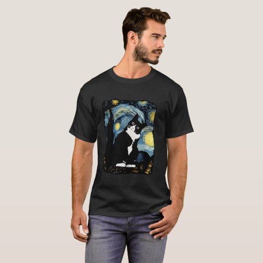 T-shirt Tuxedo Chat Starry Nuit Van Gogh Chat Chat Art Cha (Devant entier)