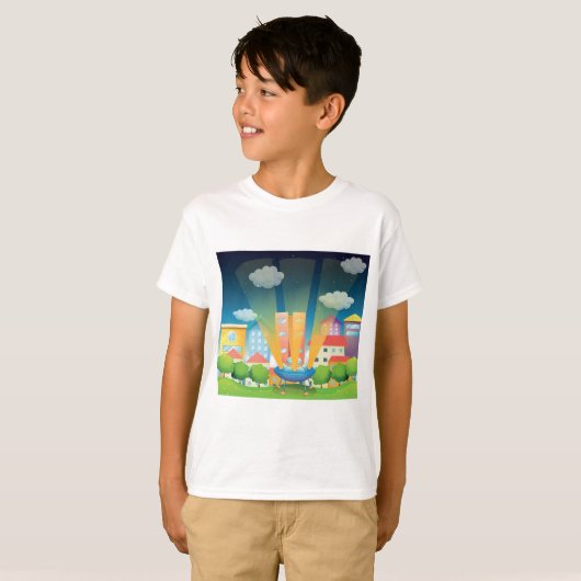T-shirt UFO Landing in a Bright City Night Scene (Devant entier)