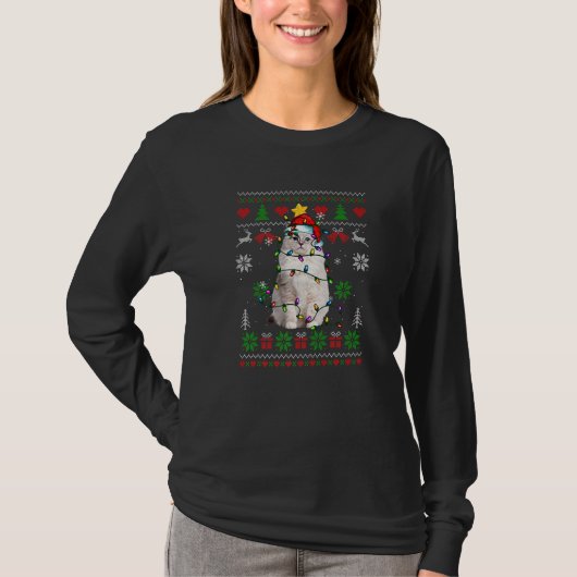 T-shirt Ugly Christmas Ragdoll Cat Lights Santa Hat (Devant)