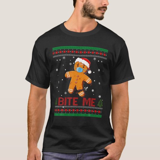 T-shirt Ugly Christmas Sweater Bite Me Gingerbread Man Cos (Devant)