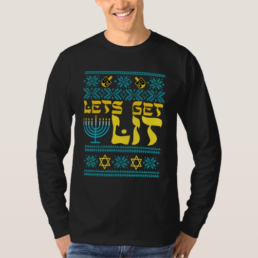 T-shirt Ugly Hanukkah Sweater Lets Get Lit Menorah (Devant)