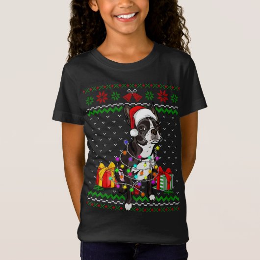 T-Shirt Ugly Sweater Christmas Lights Boston Terrier Dog L (Devant)