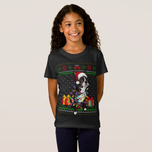 T-Shirt Ugly Sweater Christmas Lights Boston Terrier Dog L (Devant entier)