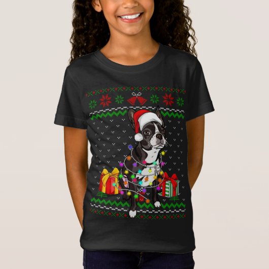 T-Shirt Ugly Sweater Christmas Lights Boston Terrier Dog L (Devant)