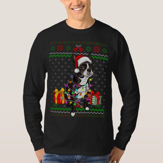 T-shirt Ugly Sweater Christmas Lights Boston Terrier Dog L (Devant)