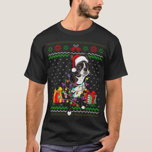 T-shirt Ugly Sweater Christmas Lights Boston Terrier Dog L (Devant)