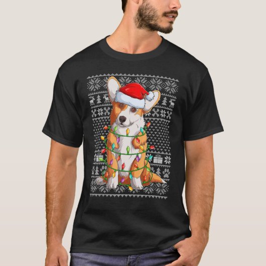 T-shirt Ugly Sweater Style Xmas Lights Santa Corgi Dog Chr (Devant)