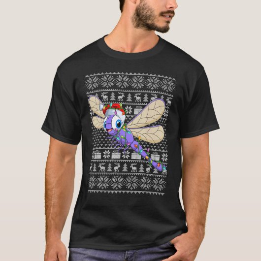 T-shirt Ugly Sweater Style Xmas Lights Santa Dragonfly Chr (Devant)
