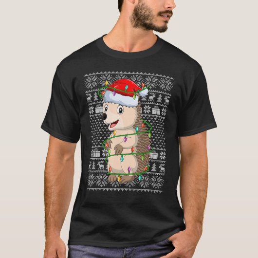 T-shirt Ugly Sweater Style Xmas Lights Santa Hedgehog Chri (Devant)