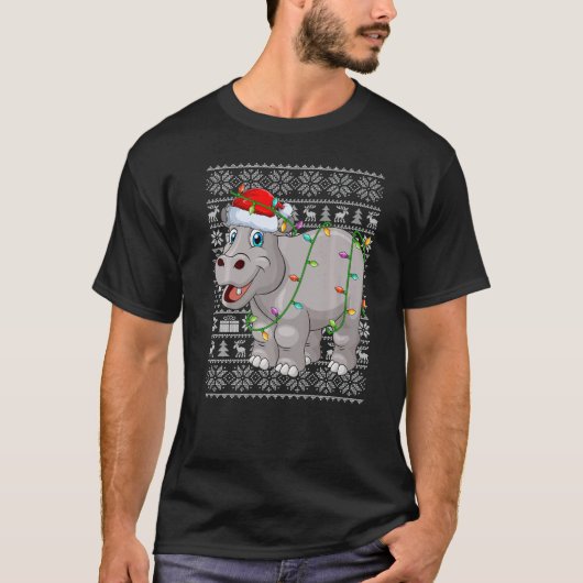 T-shirt Ugly Sweater Style Xmas Lights Santa Hippopotamus  (Devant)