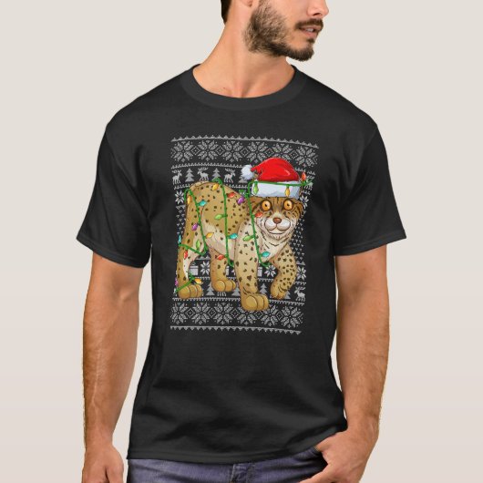 T-shirt Ugly Sweater Style Xmas Lights Santa Lynx Christma (Devant)