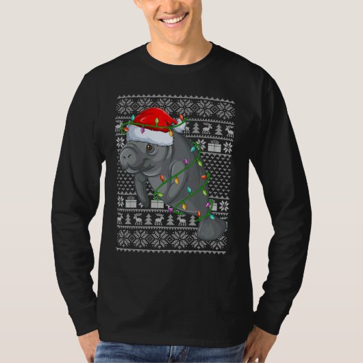 T-shirt Ugly Sweater Style Xmas Lights Santa Manatee Chris (Devant)