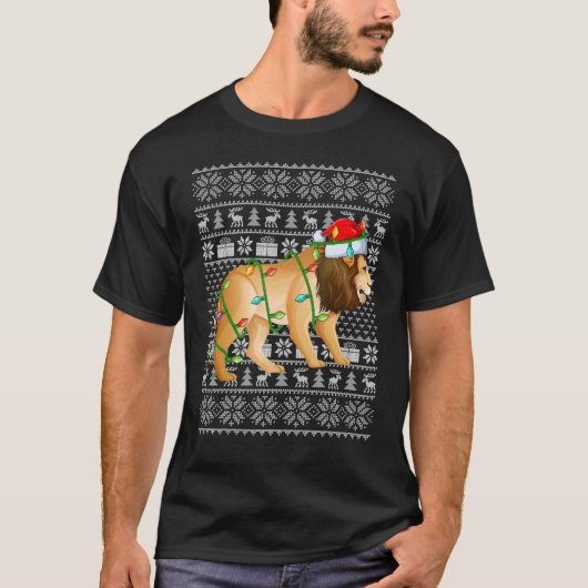T-shirt Ugly Sweater Style Xmas Lights Santa Mountain Lion (Devant)