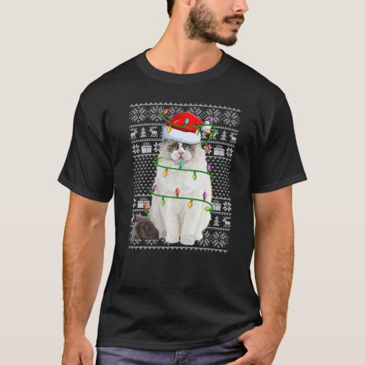 T-shirt Ugly Sweater Style Xmas Lights Santa Ragdoll Chris (Devant)