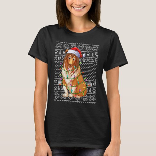 T-shirt Ugly Sweater Style Xmas Lights Santa Sheepdog Chri (Devant)