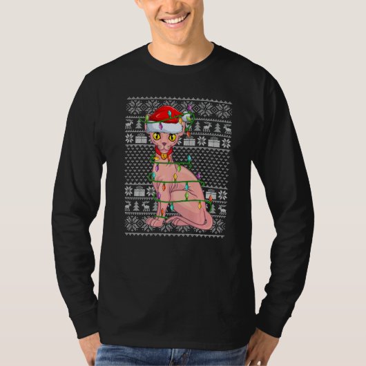T-shirt Ugly Sweater Style Xmas Lights Santa Sphynx Cat Ch (Devant)