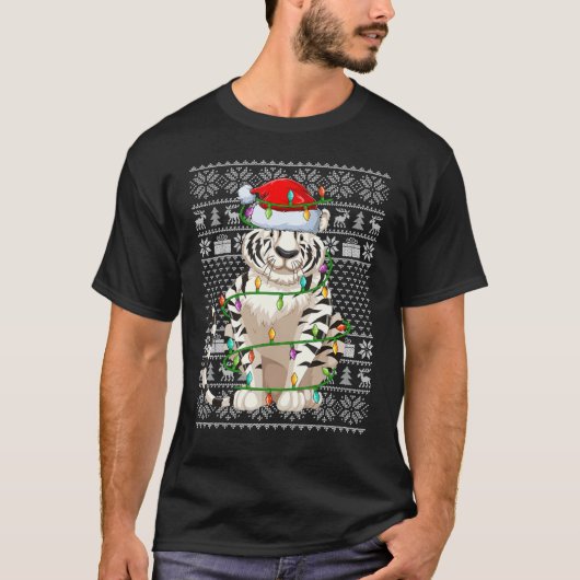 T-shirt Ugly Sweater Style Xmas Lights Santa White Tiger C (Devant)