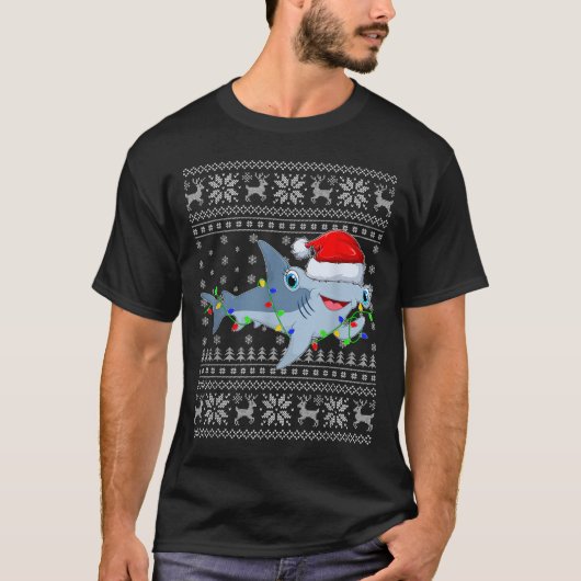 T-shirt Ugly Sweater Xmas Lights Santa Hammerhead Shark Ch (Devant)