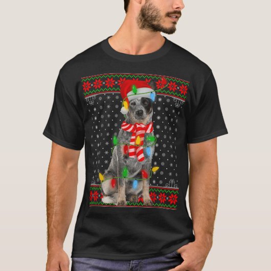 T-shirt Ugly Xmas Dog Lights Santa Hat Blue Heeler Dog Chr (Devant)