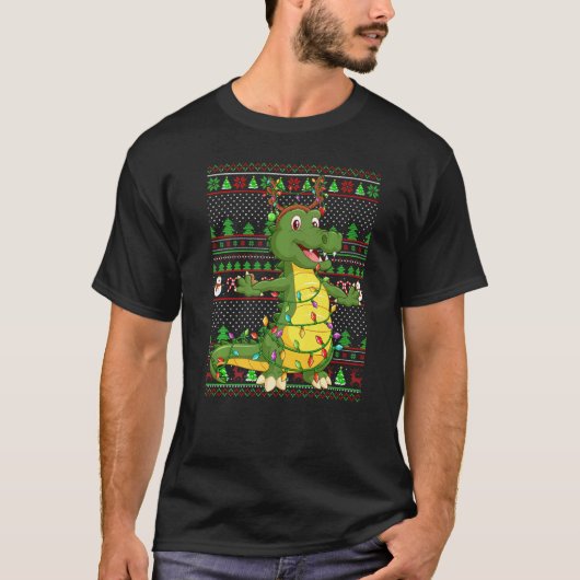 T-shirt Ugly Xmas Sweater Style Lighting Alligator Christm (Devant)