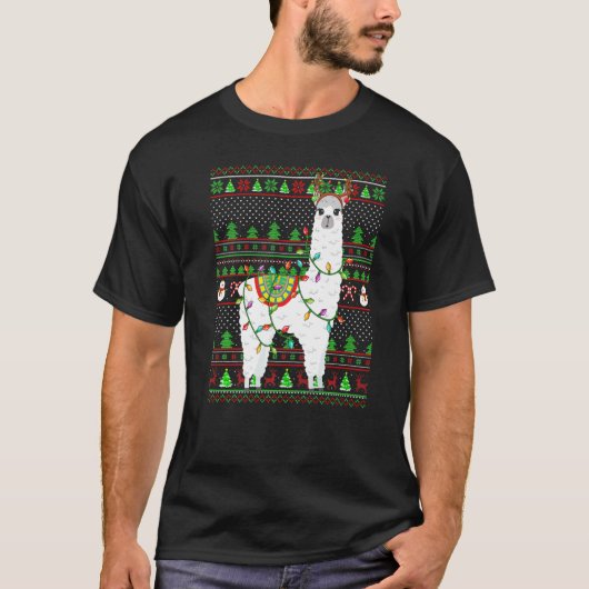 T-shirt Ugly Xmas Sweater Style Lighting Alpaca Christmas  (Devant)